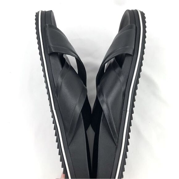 J/Slides OLIVIA Black Leather Crisscross White Stripe Slide Sandals - Picture 5 of 12